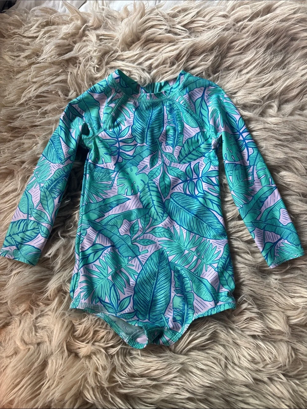 Cat & Jack Girls' Long-Sleeve Tropical Leaf Rashguard Swimsuit - Green & Purple